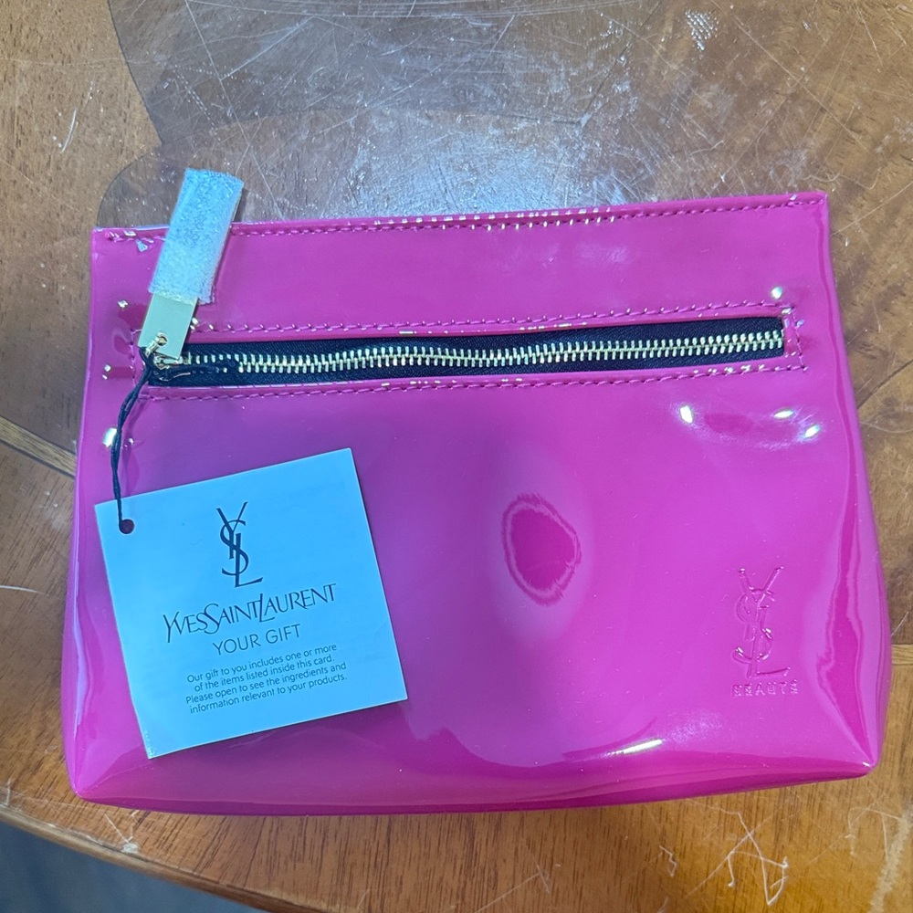Yves Saint Laurent Hot Pink Patent Cosmetic Pouch with Gold Zip